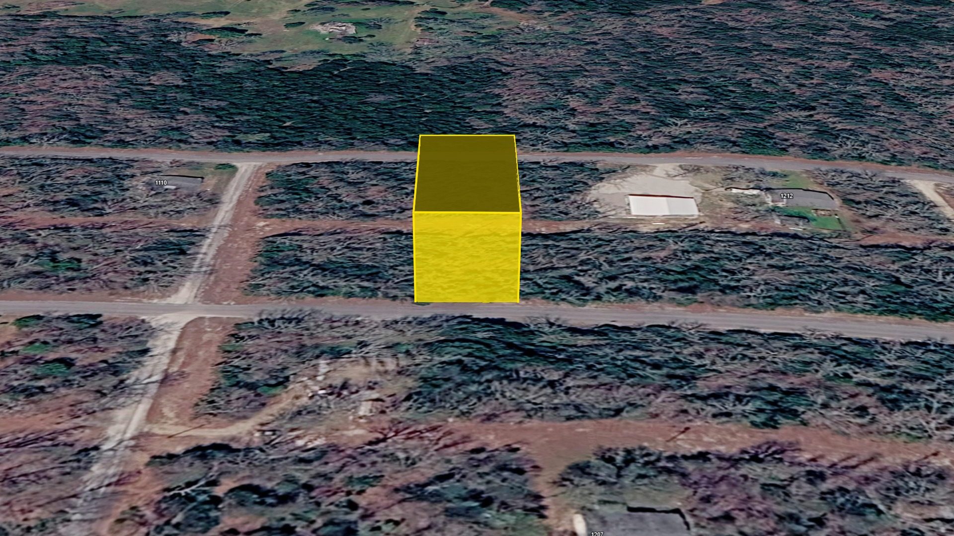 3D aerial view of the 0.25-acre Pavilion Ln lot with the parcel boundary raised above the terrain, looking west toward the neighborhood