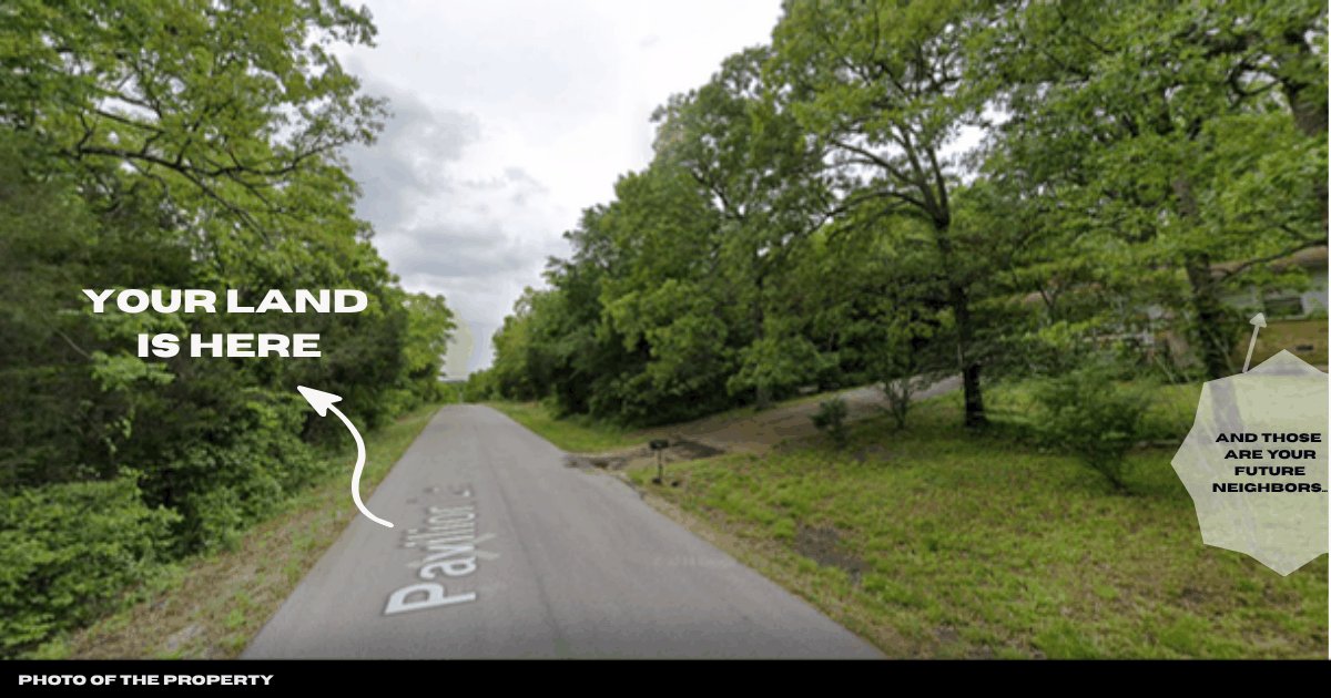 Street-level photo of the Pavilion Ln lot from the paved road, wooded frontage with the parcel marked