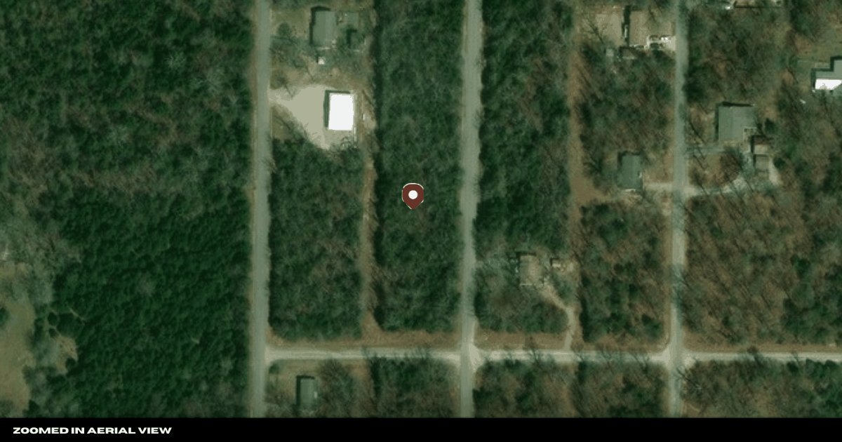 Aerial view with a pin marking the Pavilion Ln lot within the Sequoia subdivision