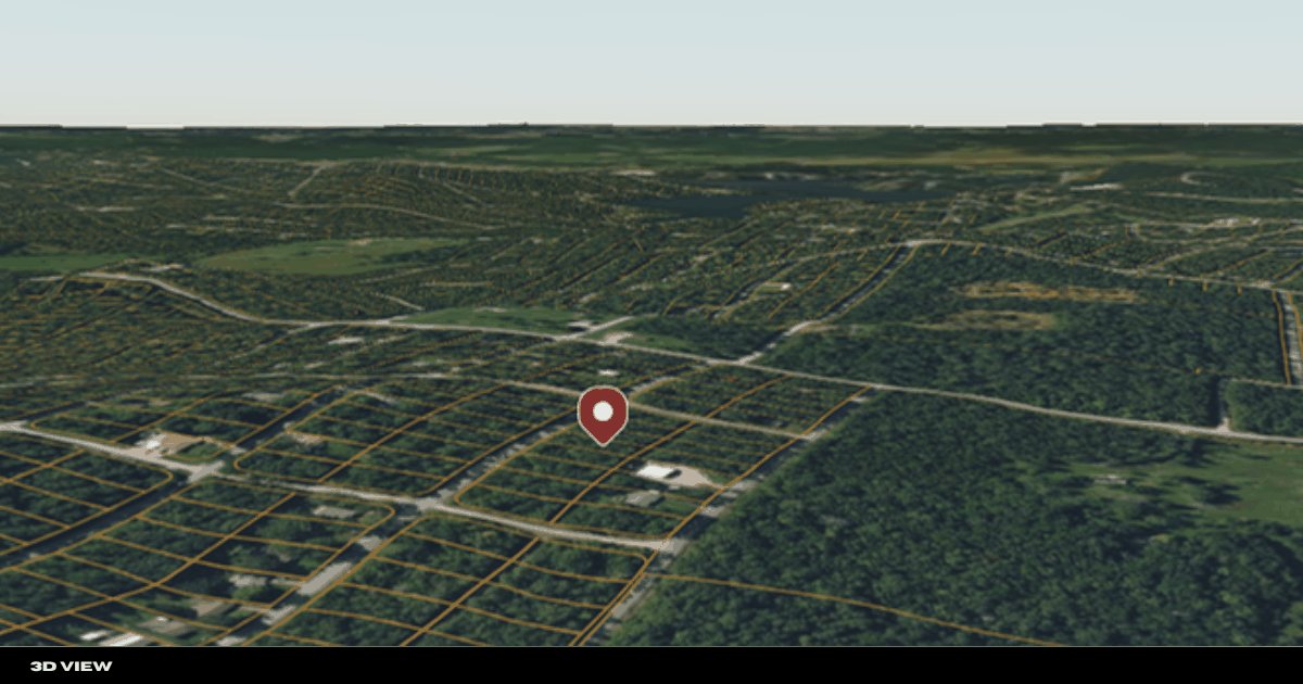 3D aerial perspective of the area with the Pavilion Ln lot location pinned