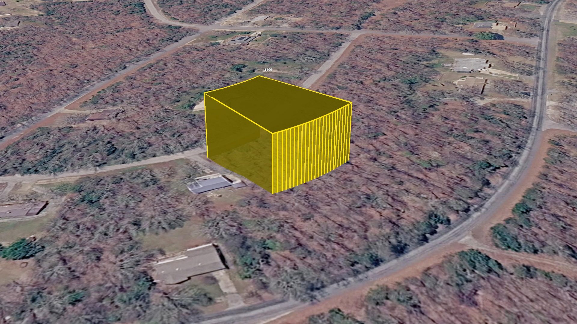 3D aerial view of the 0.35-acre Crown Lake lot with the raised parcel boundary, looking north across the surrounding lots