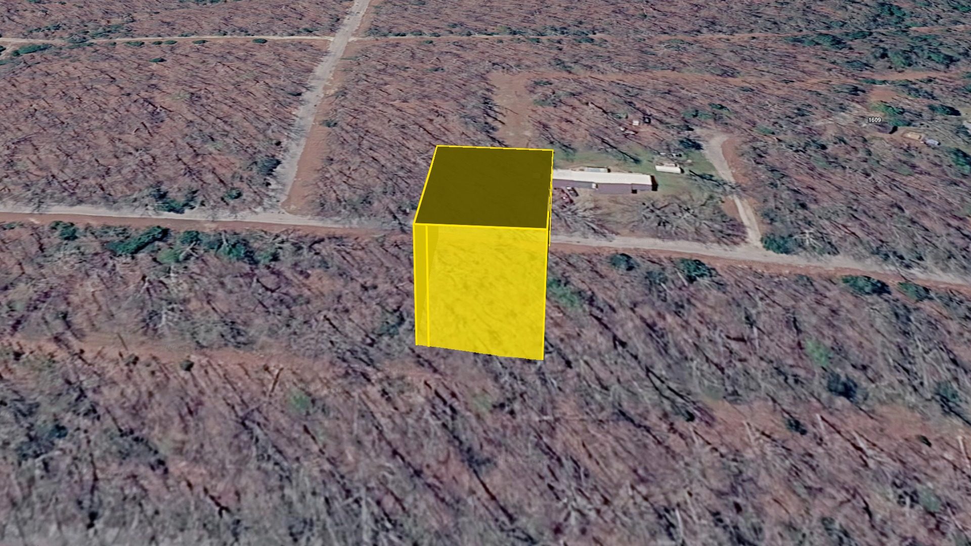 3D aerial view of Lot 29 with the raised parcel boundary, looking north across the surrounding lots