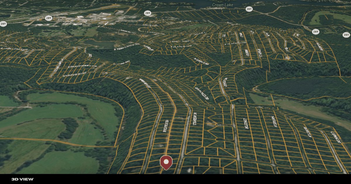 3D aerial perspective of the area with Lot 30 pinned