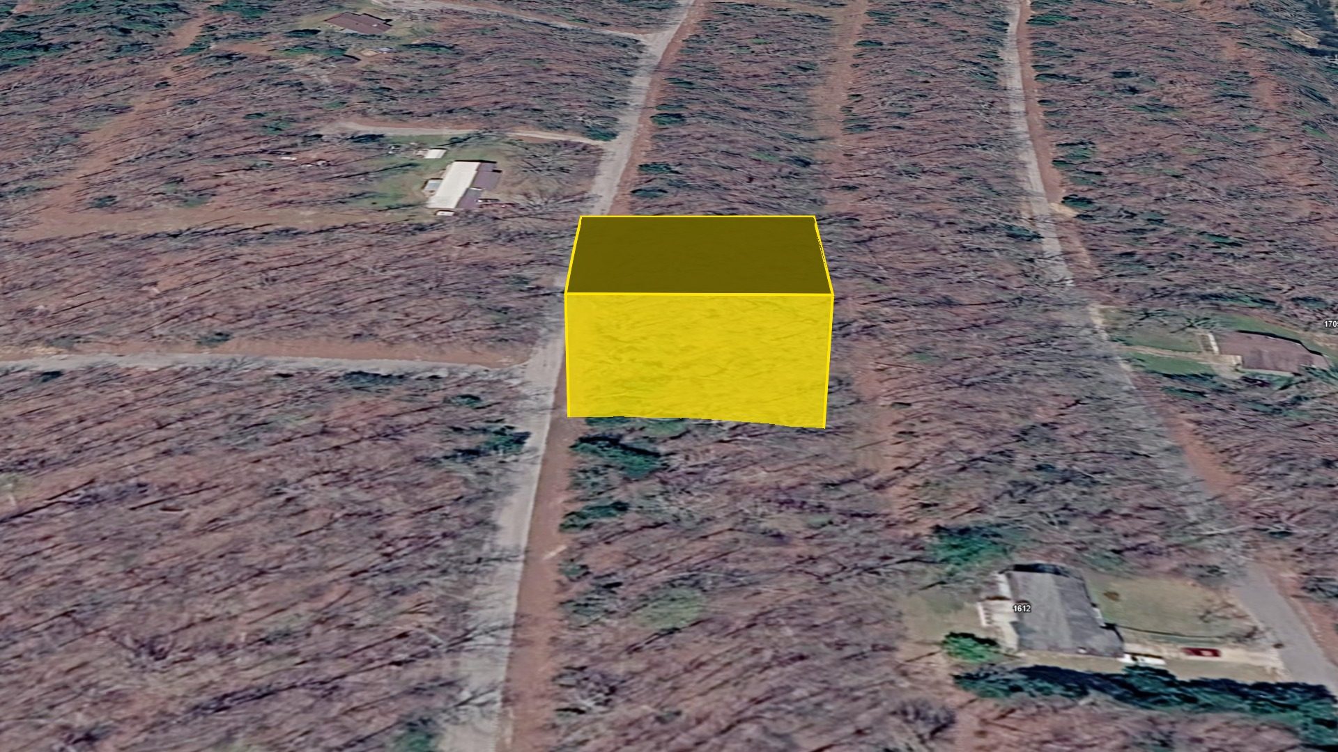 3D aerial view of Lot 31 with the parcel boundary raised above the terrain, looking west toward the neighborhood