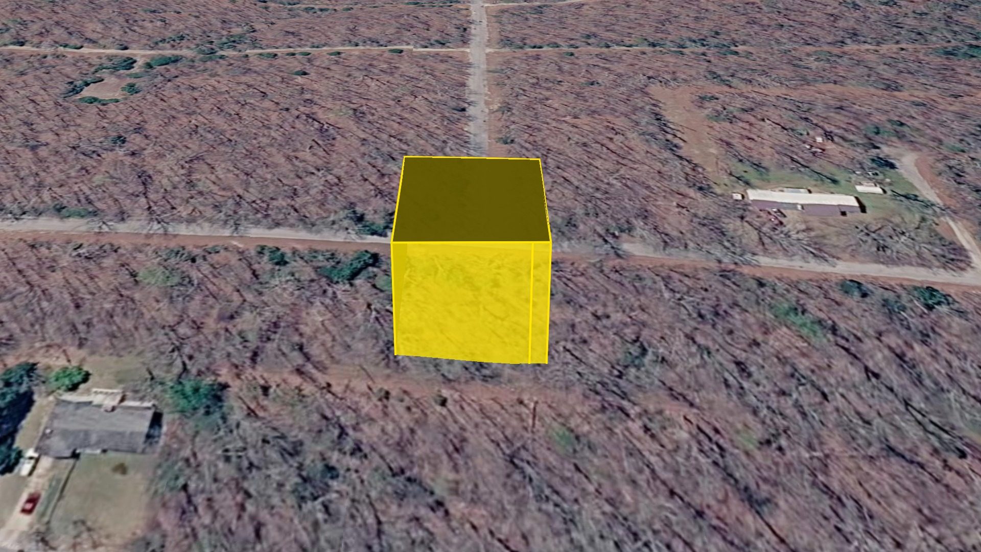 3D aerial view of Lot 31 with the raised parcel boundary, looking north across the surrounding lots